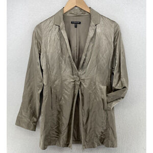 EILEEN FISHER Blazer PP Petite Cotton Blend Satin Steel Jacket One Button Silver